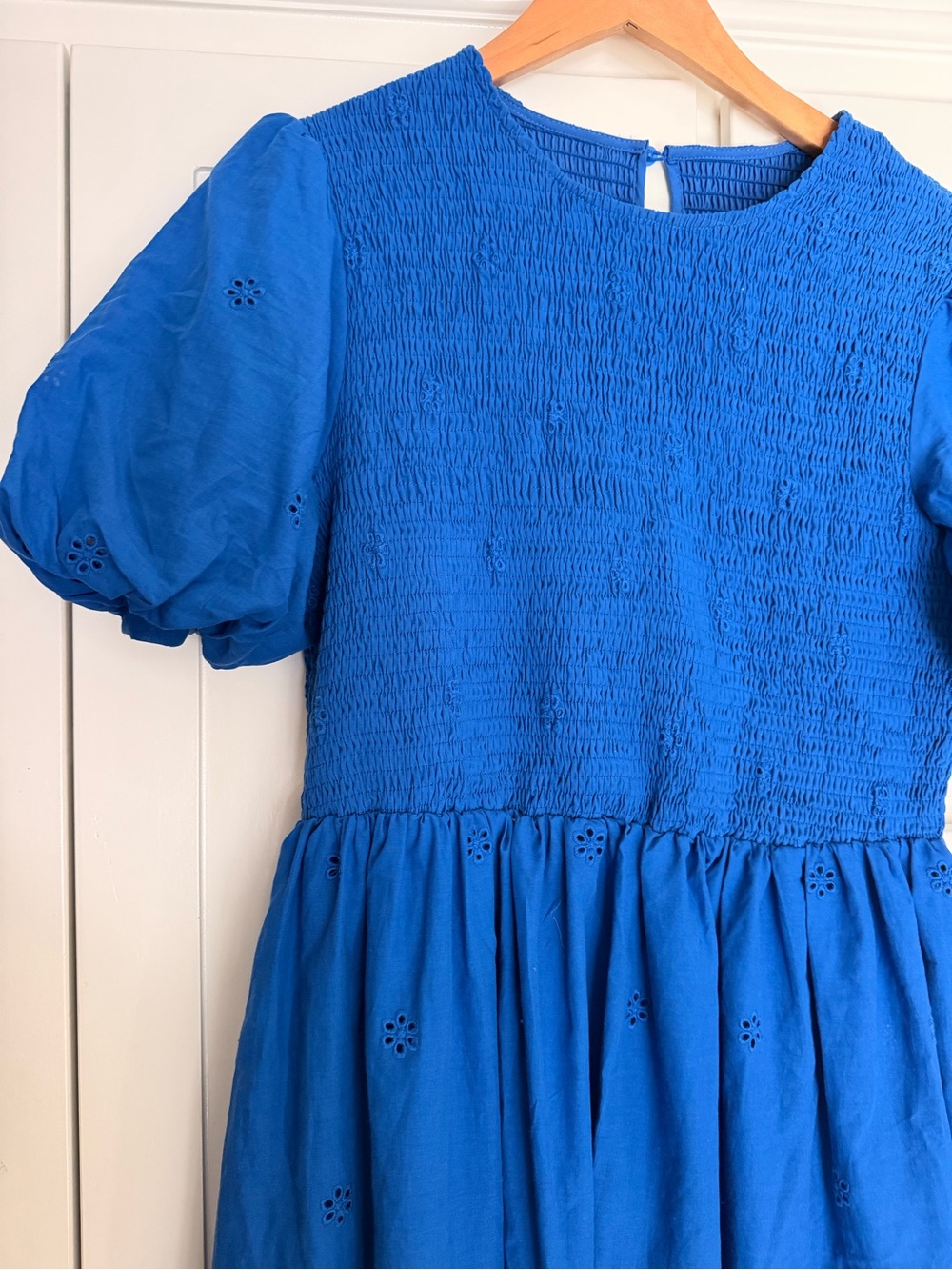 Woman’s Blue Smocked Puff-Sleeve Dress